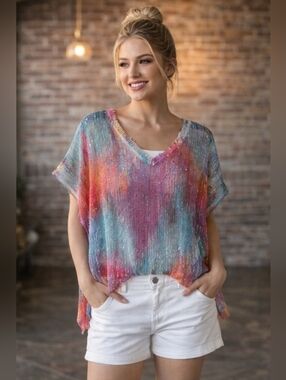 NWOT Jess and Jane Colorful Tie-Dye Oversized Fit Open Knit Top